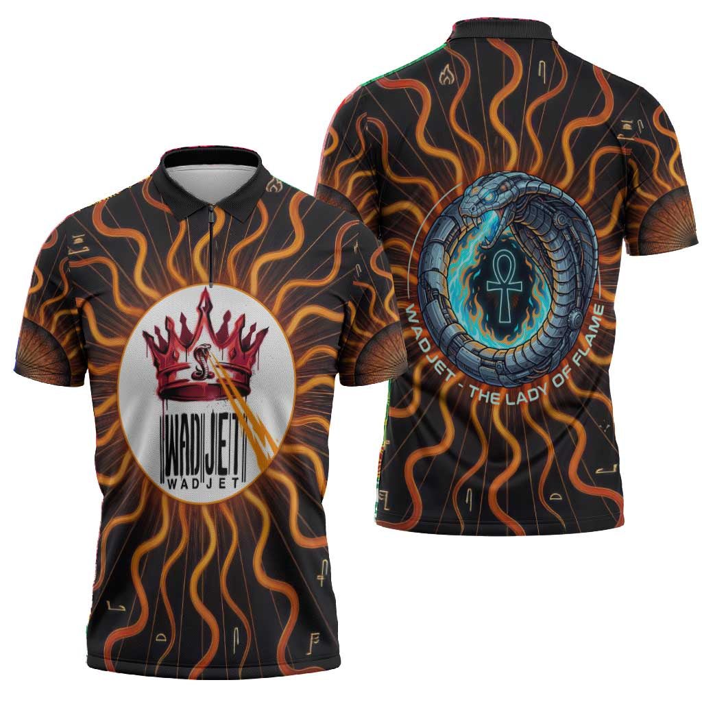 Wadjet Fiery Serpent Zipper Polo Shirt Egyptian Ankh Symbol in Dark Flame Protector Theme
