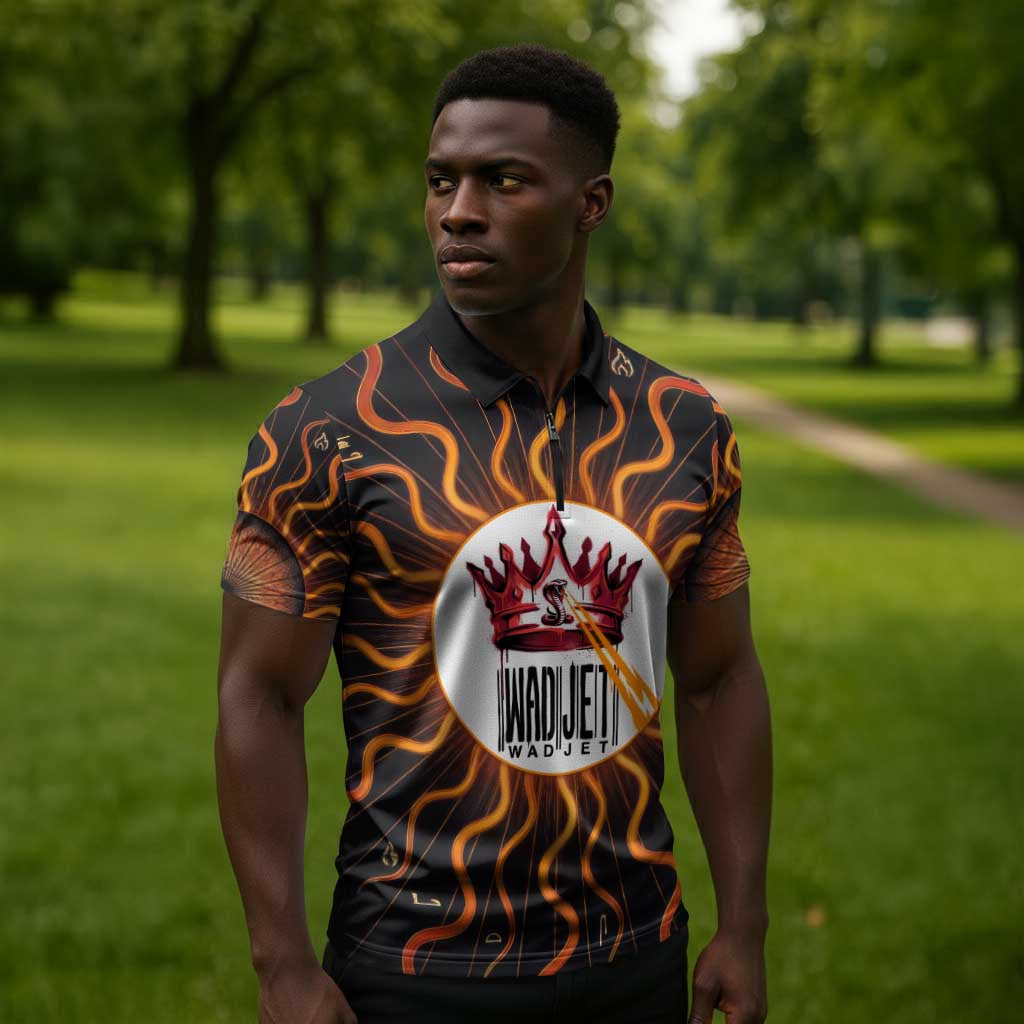 Wadjet Fiery Serpent Zipper Polo Shirt Egyptian Ankh Symbol in Dark Flame Protector Theme
