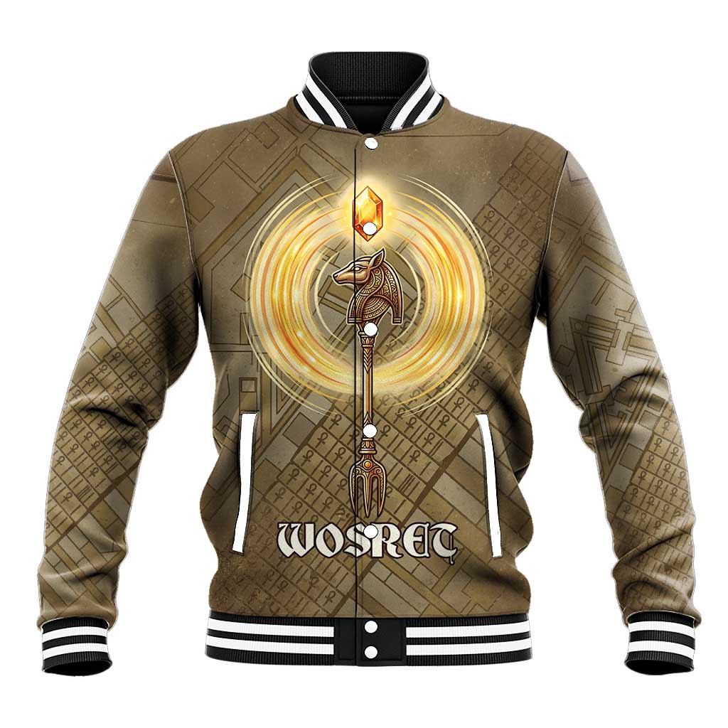 Wosret Egyptian Baseball Jacket with Golden Scepter and Archer Motif in Ancient Protector