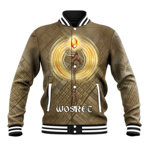 Wosret Egyptian Baseball Jacket with Golden Scepter and Archer Motif in Ancient Protector