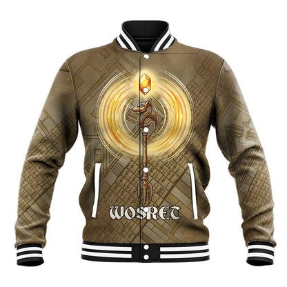 Wosret Egyptian Baseball Jacket with Golden Scepter and Archer Motif in Ancient Protector