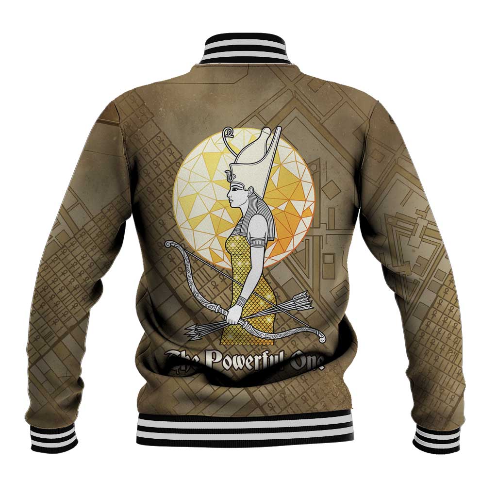 Wosret Egyptian Baseball Jacket with Golden Scepter and Archer Motif in Ancient Protector