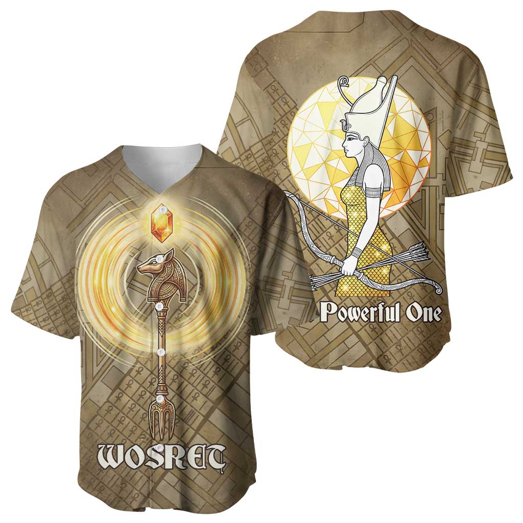 Wosret Egyptian Baseball Jersey with Golden Scepter and Archer Motif in Ancient Protector