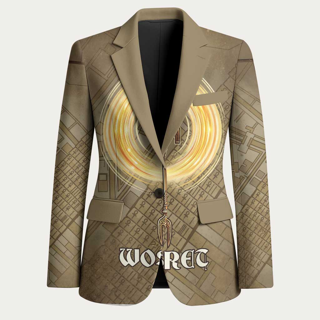 Wosret Egyptian Blazer with Golden Scepter and Archer Motif in Ancient Protector