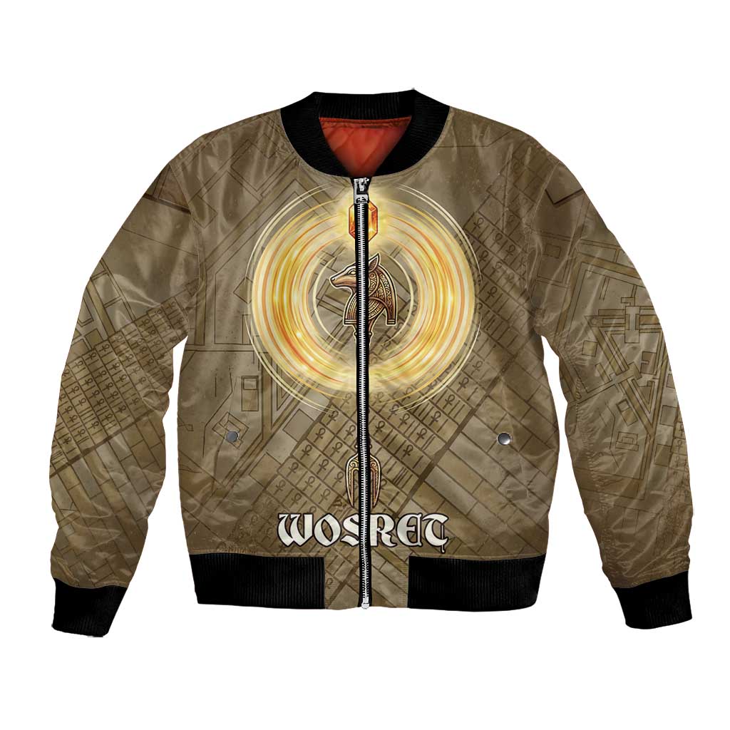 Wosret Egyptian Bomber Jacket with Golden Scepter and Archer Motif in Ancient Protector
