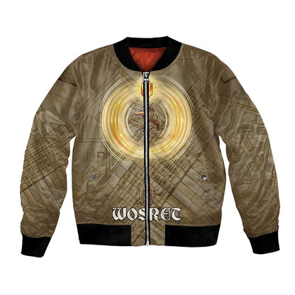 Wosret Egyptian Bomber Jacket with Golden Scepter and Archer Motif in Ancient Protector