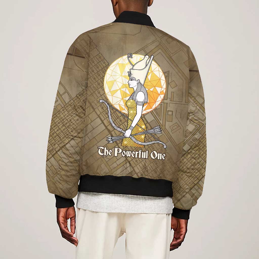 Wosret Egyptian Bomber Jacket with Golden Scepter and Archer Motif in Ancient Protector