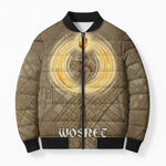 Wosret Egyptian Bomber Puffer Jacket with Golden Scepter and Archer Motif in Ancient Protector