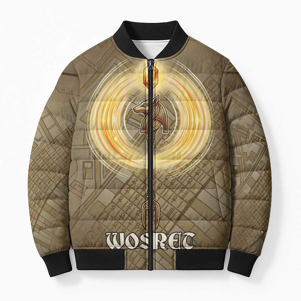 Wosret Egyptian Bomber Puffer Jacket with Golden Scepter and Archer Motif in Ancient Protector
