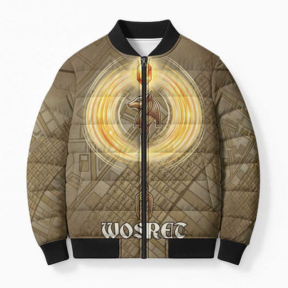Wosret Egyptian Bomber Puffer Jacket with Golden Scepter and Archer Motif in Ancient Protector