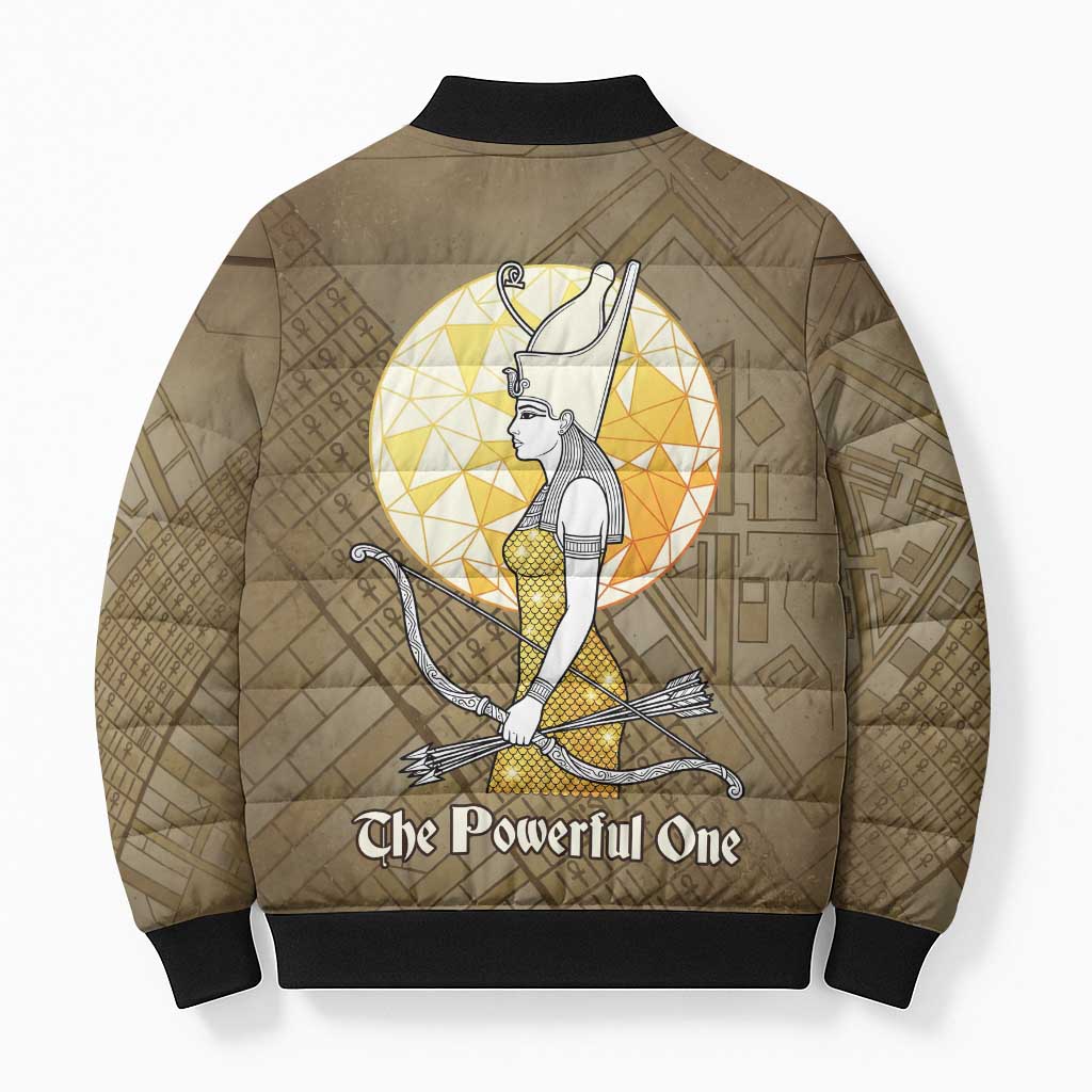 Wosret Egyptian Bomber Puffer Jacket with Golden Scepter and Archer Motif in Ancient Protector