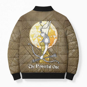 Wosret Egyptian Bomber Puffer Jacket with Golden Scepter and Archer Motif in Ancient Protector