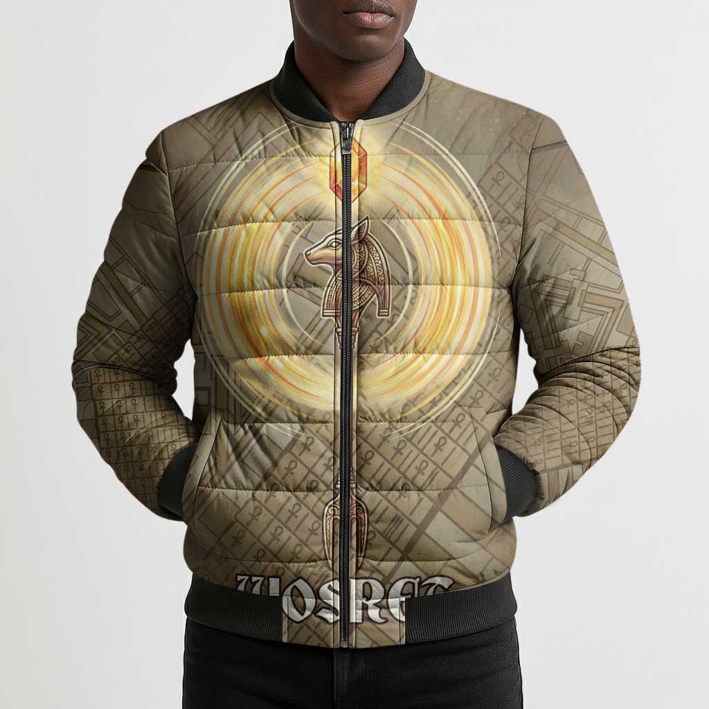 Wosret Egyptian Bomber Puffer Jacket with Golden Scepter and Archer Motif in Ancient Protector