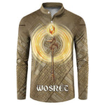 Wosret Egyptian Button Sweatshirt with Golden Scepter and Archer Motif in Ancient Protector