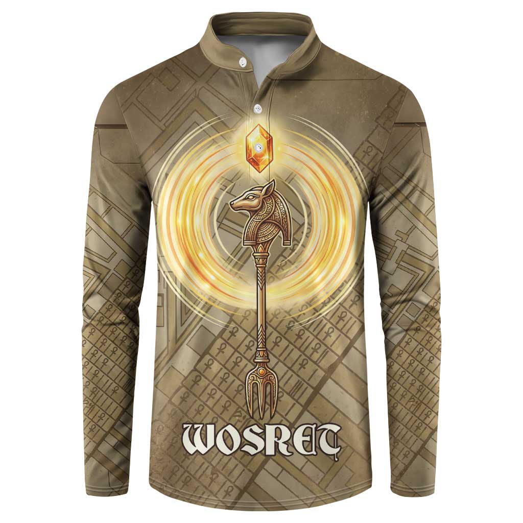 Wosret Egyptian Button Sweatshirt with Golden Scepter and Archer Motif in Ancient Protector