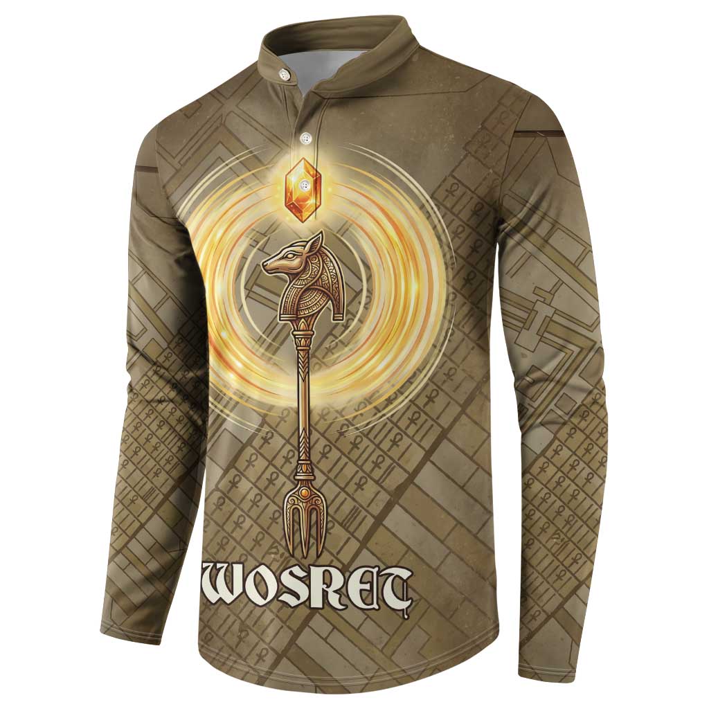 Wosret Egyptian Button Sweatshirt with Golden Scepter and Archer Motif in Ancient Protector