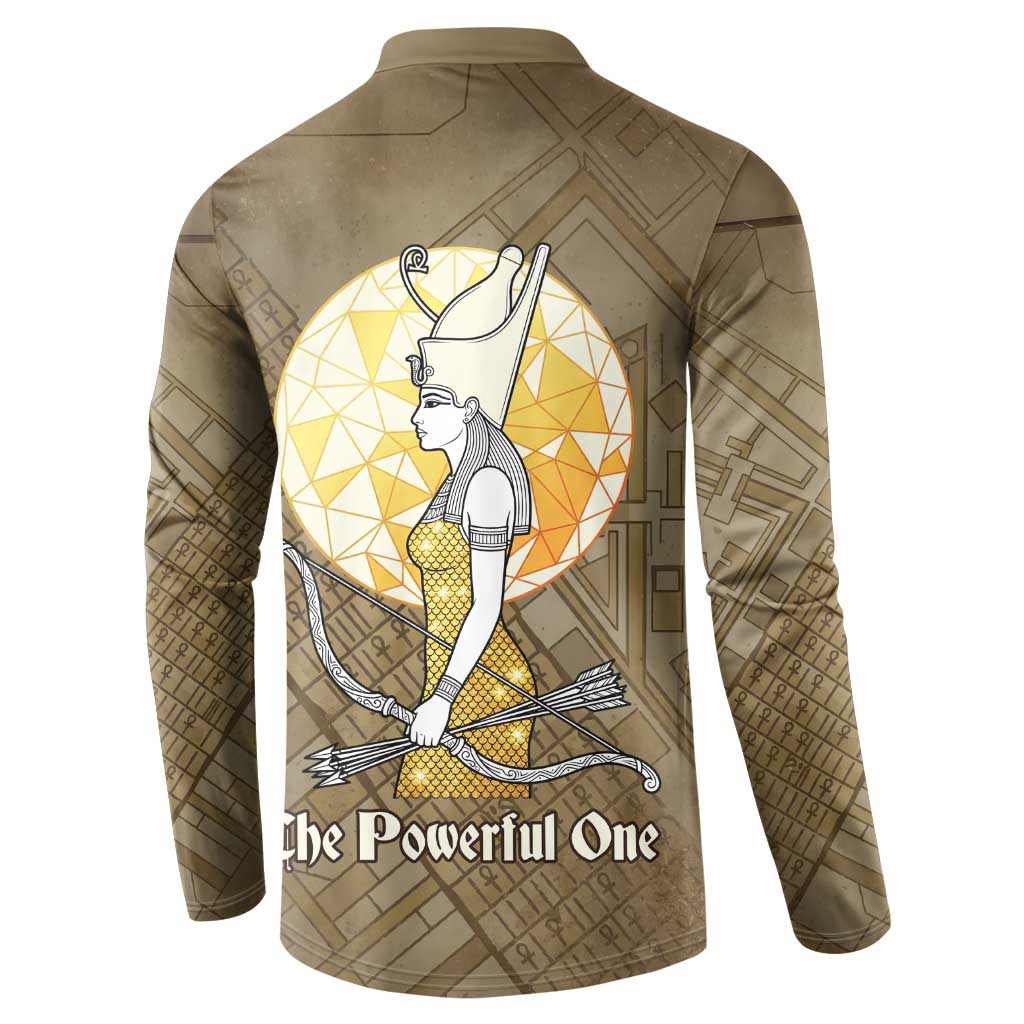 Wosret Egyptian Button Sweatshirt with Golden Scepter and Archer Motif in Ancient Protector