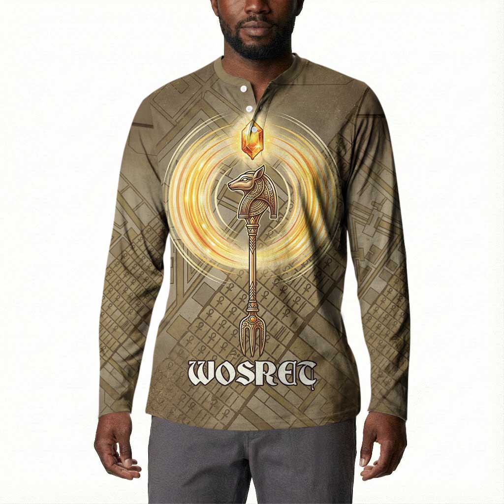 Wosret Egyptian Button Sweatshirt with Golden Scepter and Archer Motif in Ancient Protector