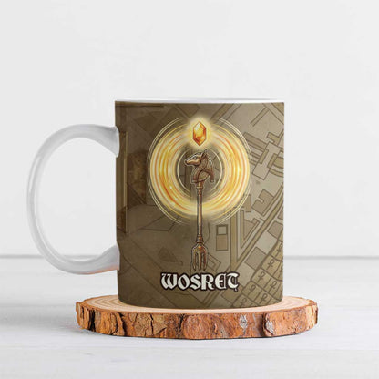 Wosret Egyptian Ceramic Mug with Golden Scepter and Archer Motif in Ancient Protector