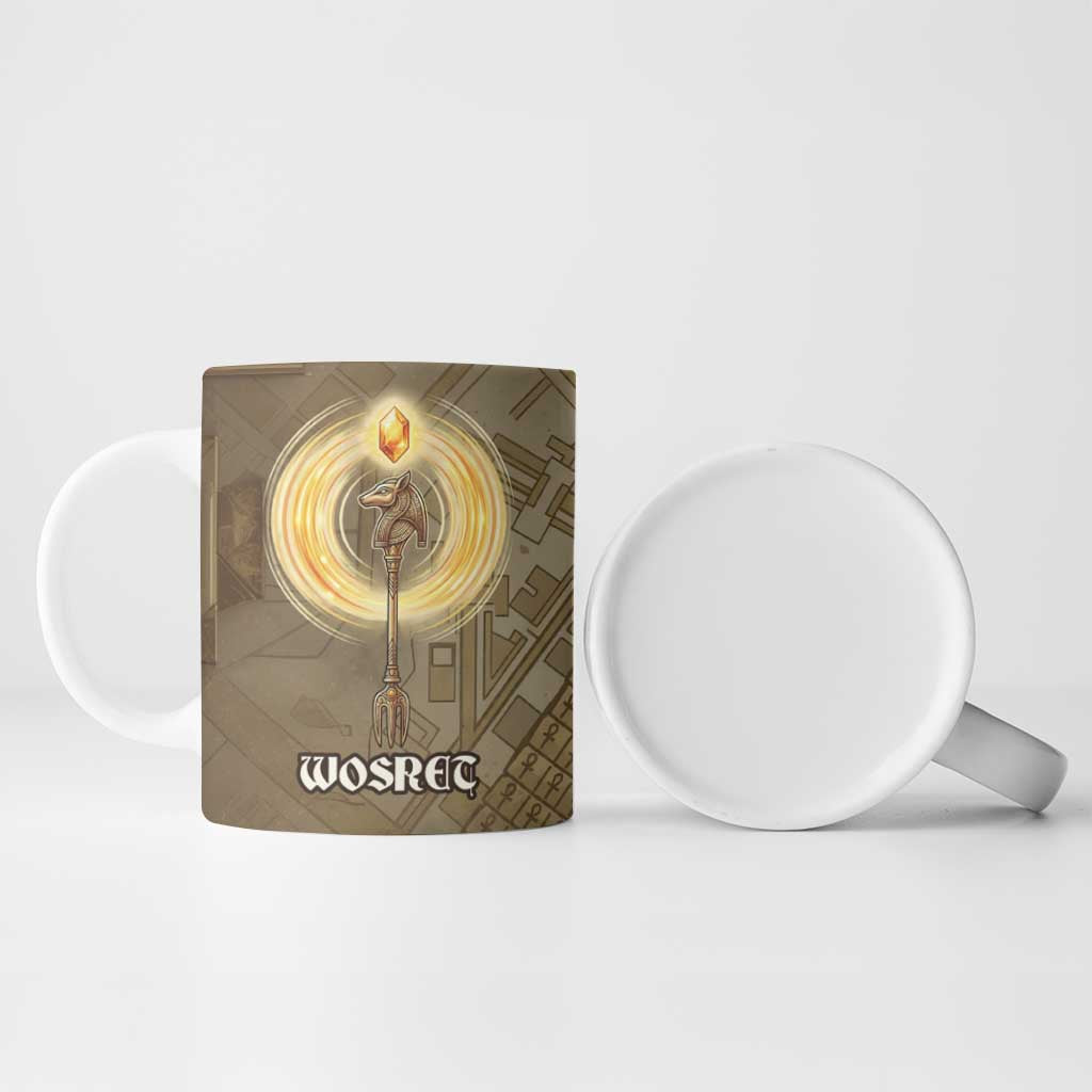 Wosret Egyptian Ceramic Mug with Golden Scepter and Archer Motif in Ancient Protector