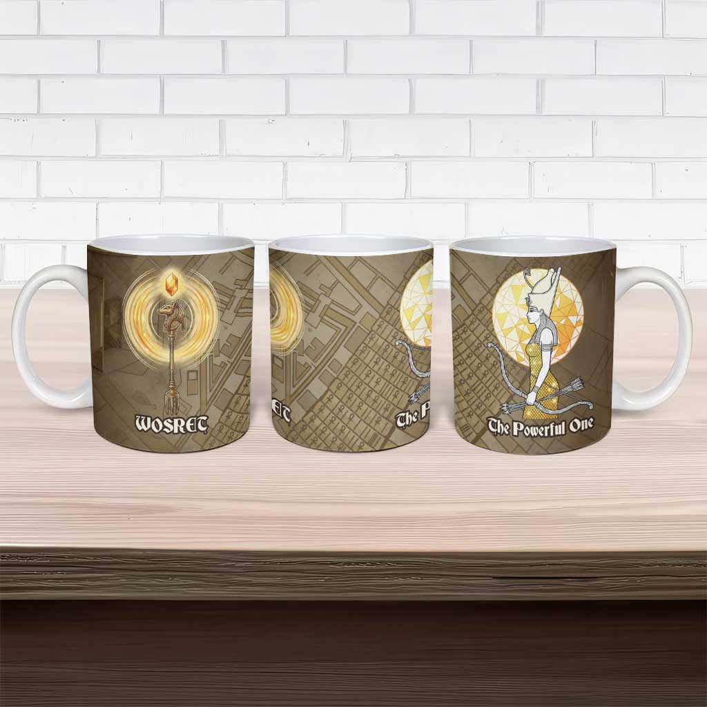 Wosret Egyptian Ceramic Mug with Golden Scepter and Archer Motif in Ancient Protector