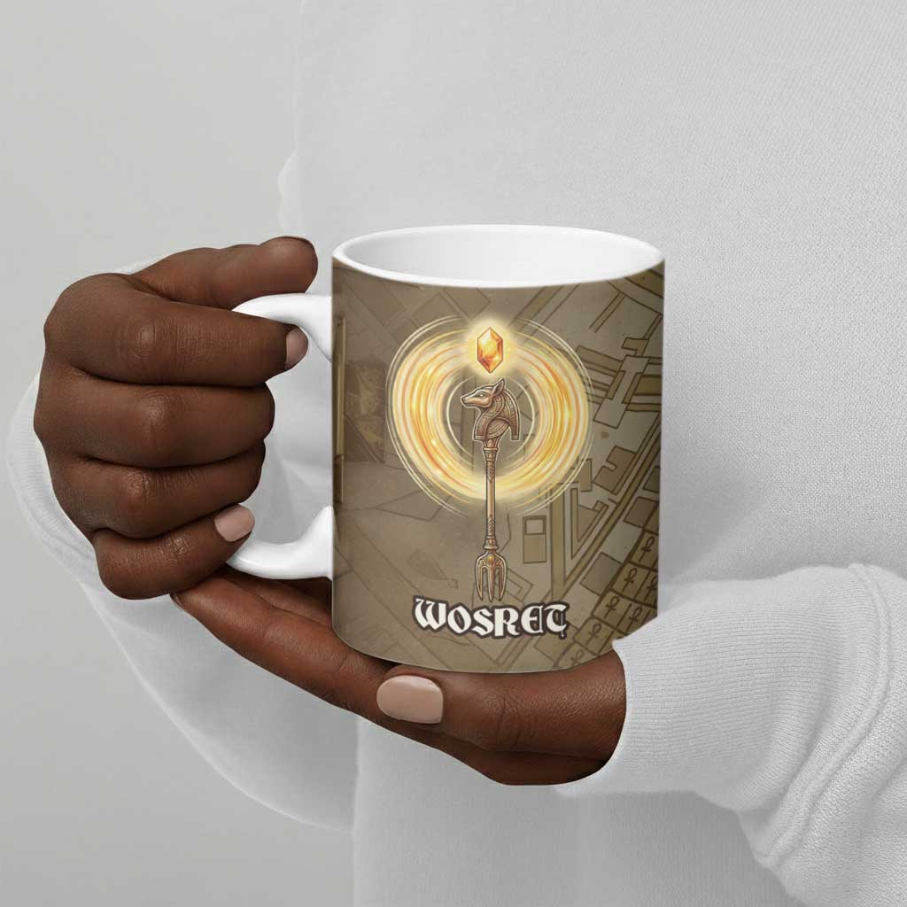 Wosret Egyptian Ceramic Mug with Golden Scepter and Archer Motif in Ancient Protector