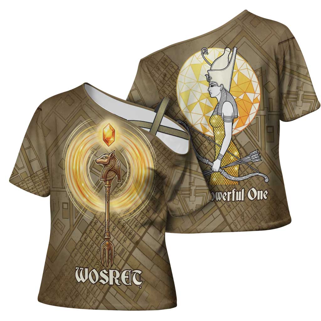 Wosret Egyptian Cross Shoulder Shirt with Golden Scepter and Archer Motif in Ancient Protector