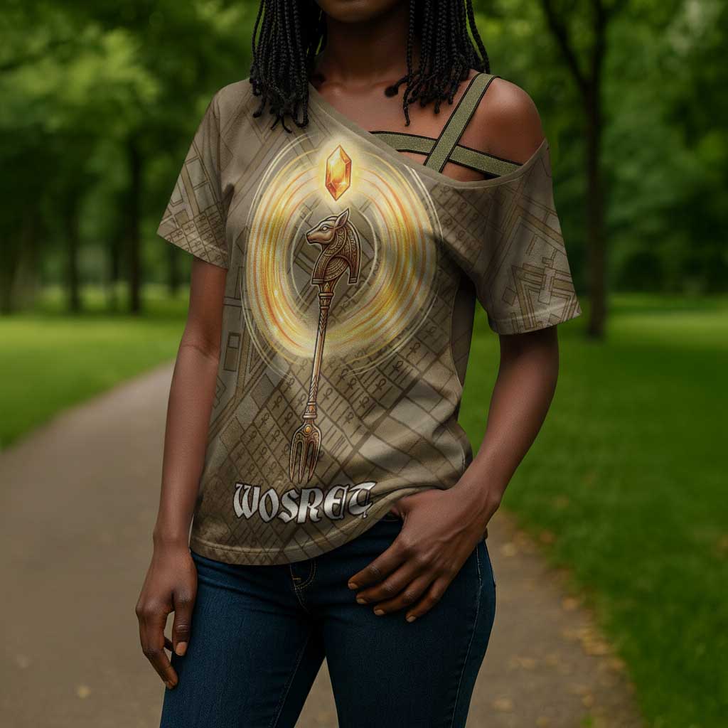 Wosret Egyptian Cross Shoulder Shirt with Golden Scepter and Archer Motif in Ancient Protector