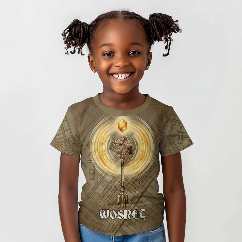 Wosret Egyptian Kid T shirt with Golden Scepter and Archer Motif in Ancient Protector