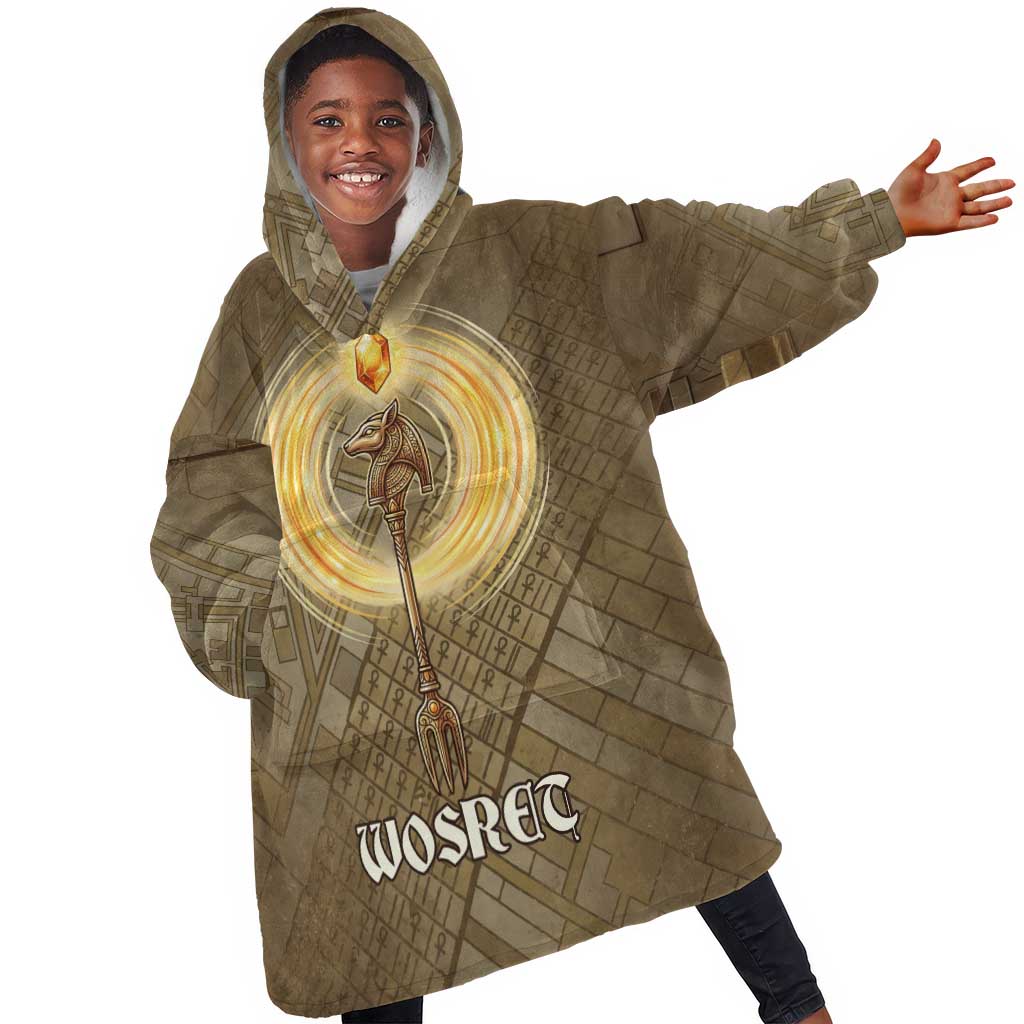 Wosret Egyptian Kid Wearable Blanket Hoodie with Golden Scepter and Archer Motif in Ancient Protector