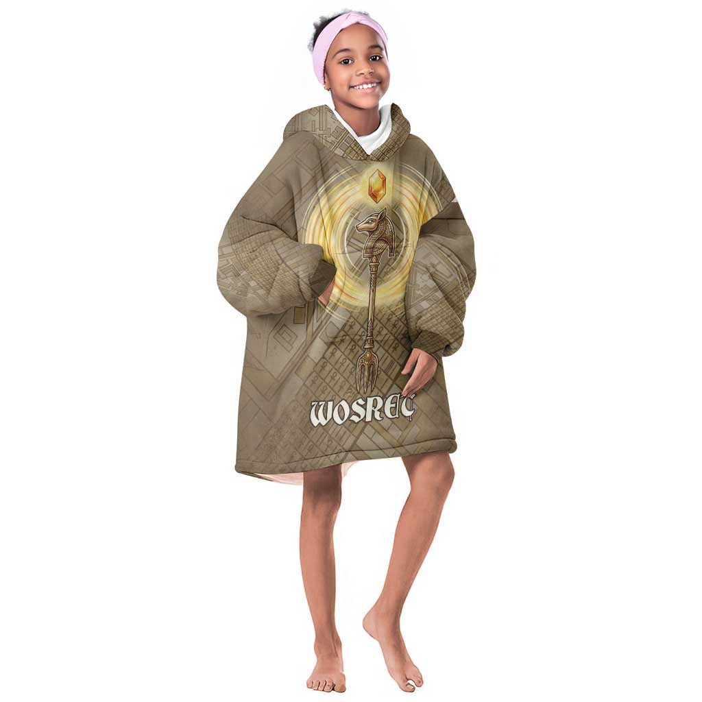 Wosret Egyptian Kid Wearable Blanket Hoodie with Golden Scepter and Archer Motif in Ancient Protector
