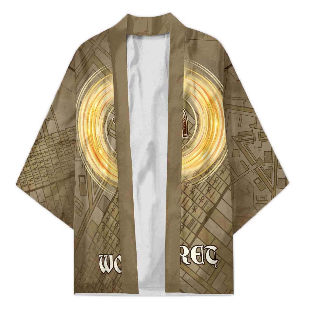 Wosret Egyptian Kimono with Golden Scepter and Archer Motif in Ancient Protector