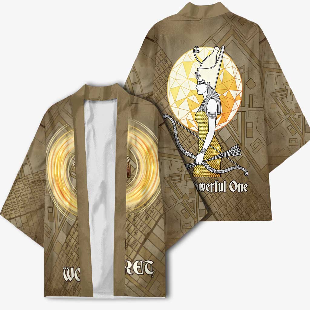 Wosret Egyptian Kimono with Golden Scepter and Archer Motif in Ancient Protector