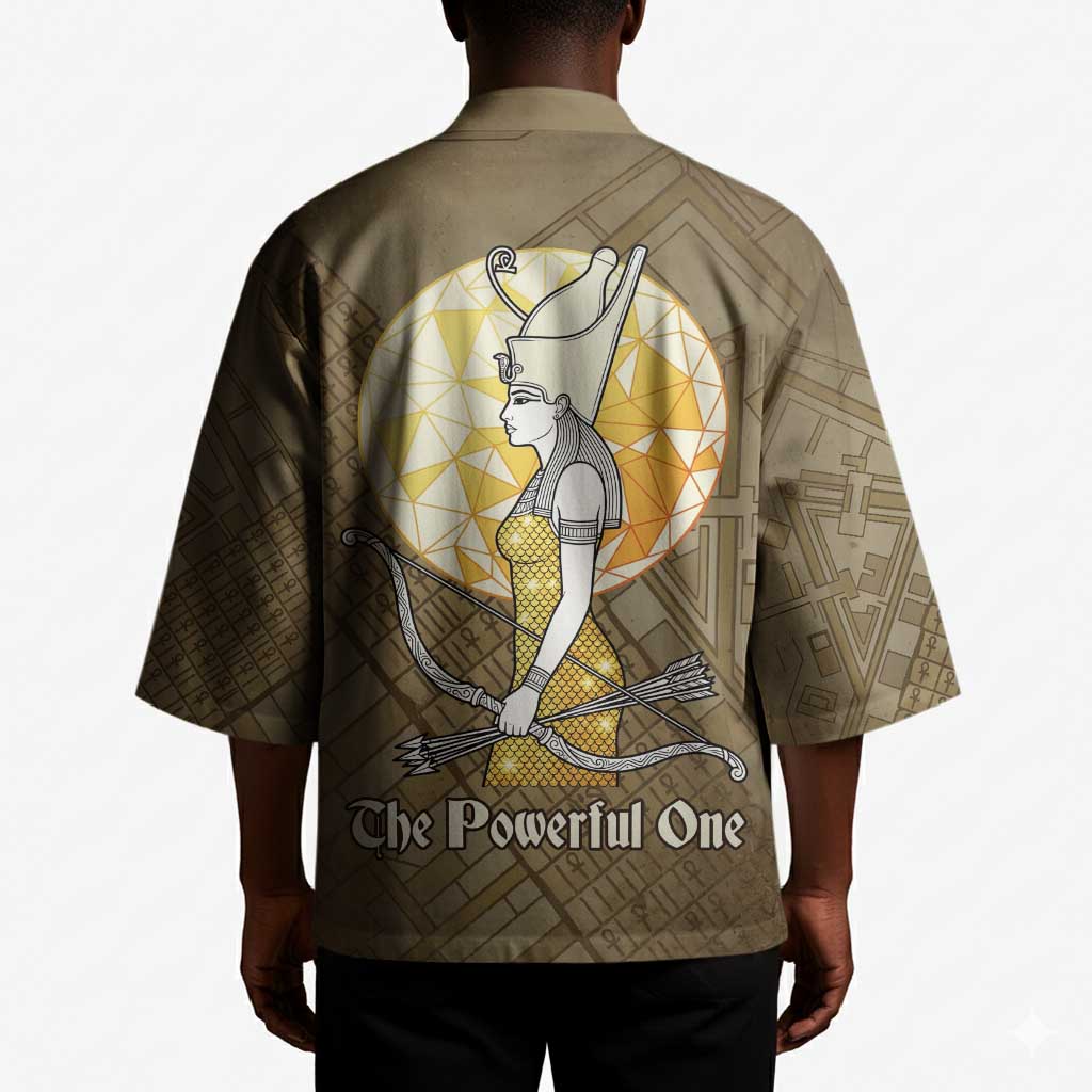 Wosret Egyptian Kimono with Golden Scepter and Archer Motif in Ancient Protector