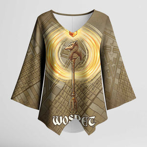 Wosret Egyptian Kimono Sleeve Blouse with Golden Scepter and Archer Motif in Ancient Protector