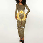 Wosret Egyptian Long Sleeve Bodycon Dress with Golden Scepter and Archer Motif in Ancient Protector