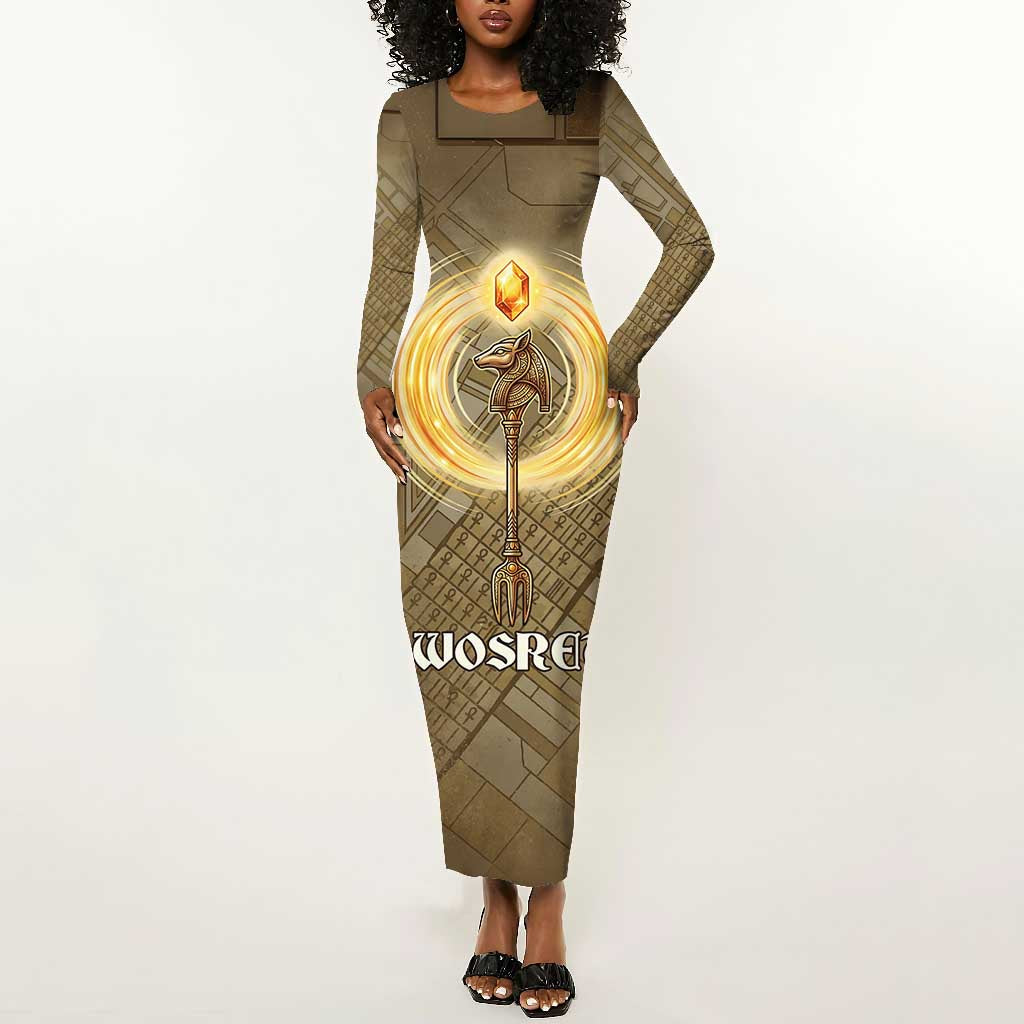 Wosret Egyptian Long Sleeve Bodycon Dress with Golden Scepter and Archer Motif in Ancient Protector