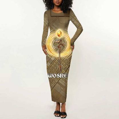 Wosret Egyptian Long Sleeve Bodycon Dress with Golden Scepter and Archer Motif in Ancient Protector