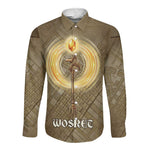 Wosret Egyptian Long Sleeve Button Shirt with Golden Scepter and Archer Motif in Ancient Protector
