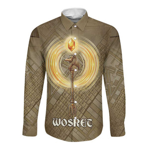 Wosret Egyptian Long Sleeve Button Shirt with Golden Scepter and Archer Motif in Ancient Protector