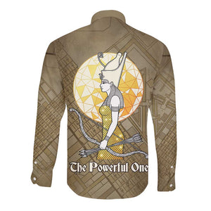 Wosret Egyptian Long Sleeve Button Shirt with Golden Scepter and Archer Motif in Ancient Protector