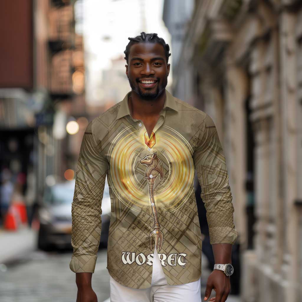 Wosret Egyptian Long Sleeve Button Shirt with Golden Scepter and Archer Motif in Ancient Protector