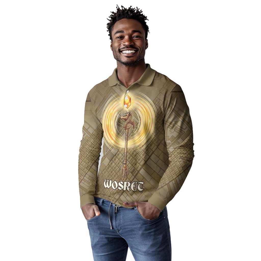 Wosret Egyptian Long Sleeve Polo Shirt with Golden Scepter and Archer Motif in Ancient Protector