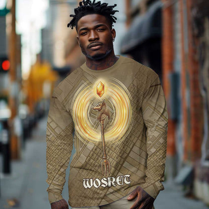 Wosret Egyptian Long Sleeve Shirt with Golden Scepter and Archer Motif in Ancient Protector
