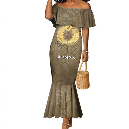 Wosret Egyptian Mermaid Dress with Golden Scepter and Archer Motif in Ancient Protector