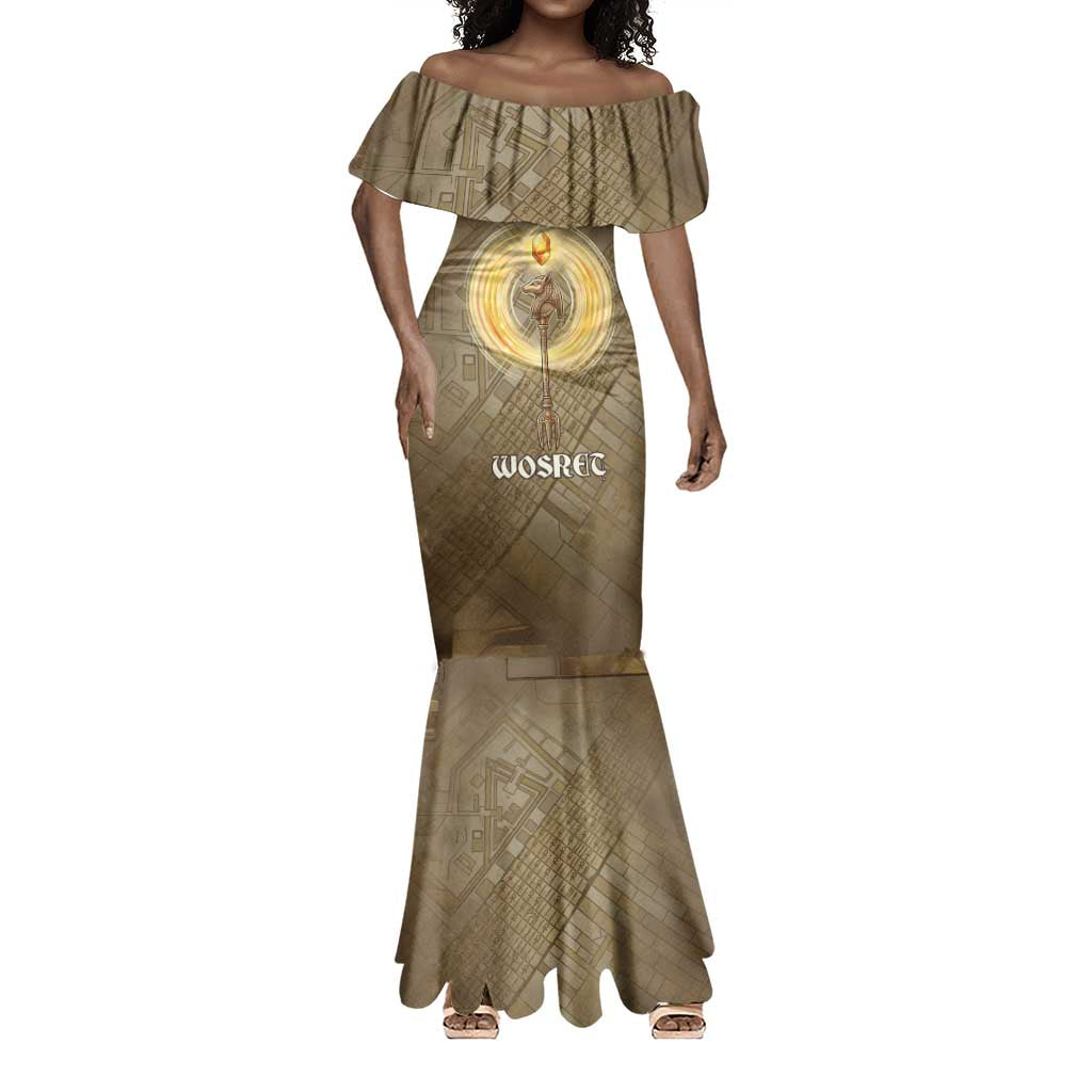 Wosret Egyptian Mermaid Dress with Golden Scepter and Archer Motif in Ancient Protector