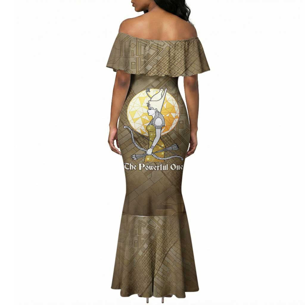 Wosret Egyptian Mermaid Dress with Golden Scepter and Archer Motif in Ancient Protector