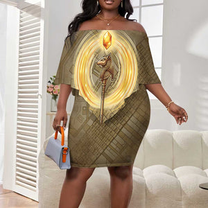Wosret Egyptian Off Shoulder Short Dress with Golden Scepter and Archer Motif in Ancient Protector