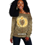 Wosret Egyptian Off Shoulder Sweater with Golden Scepter and Archer Motif in Ancient Protector
