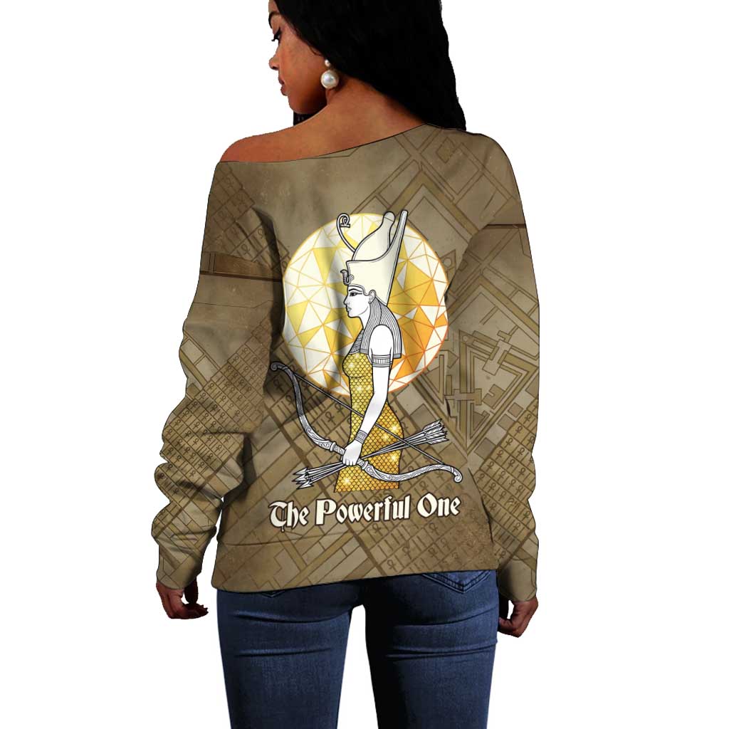 Wosret Egyptian Off Shoulder Sweater with Golden Scepter and Archer Motif in Ancient Protector